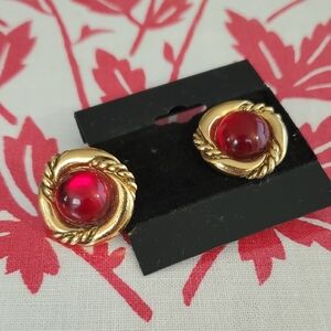 Vintage Cabochon Gold and Red Stud Earrings